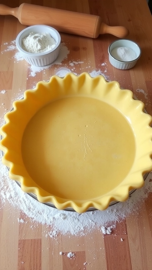 Golden brown pie crust in a dish on a wooden countertop with flour and a rolling pin.